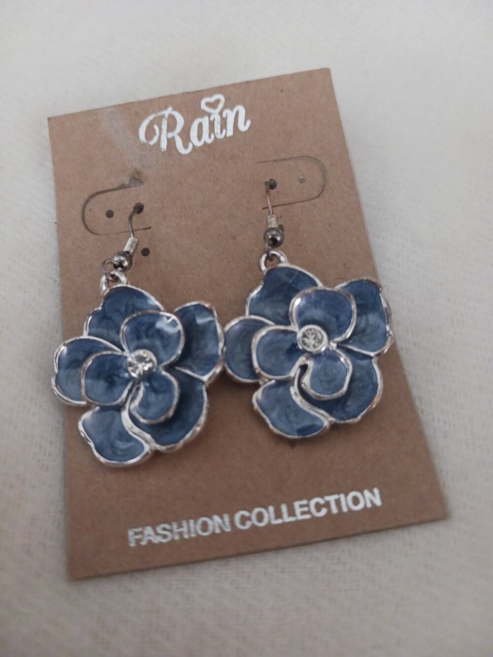 Pre-Owned Rain Enamel Tone Blue Flower Earrings With Faux Diamond Accent